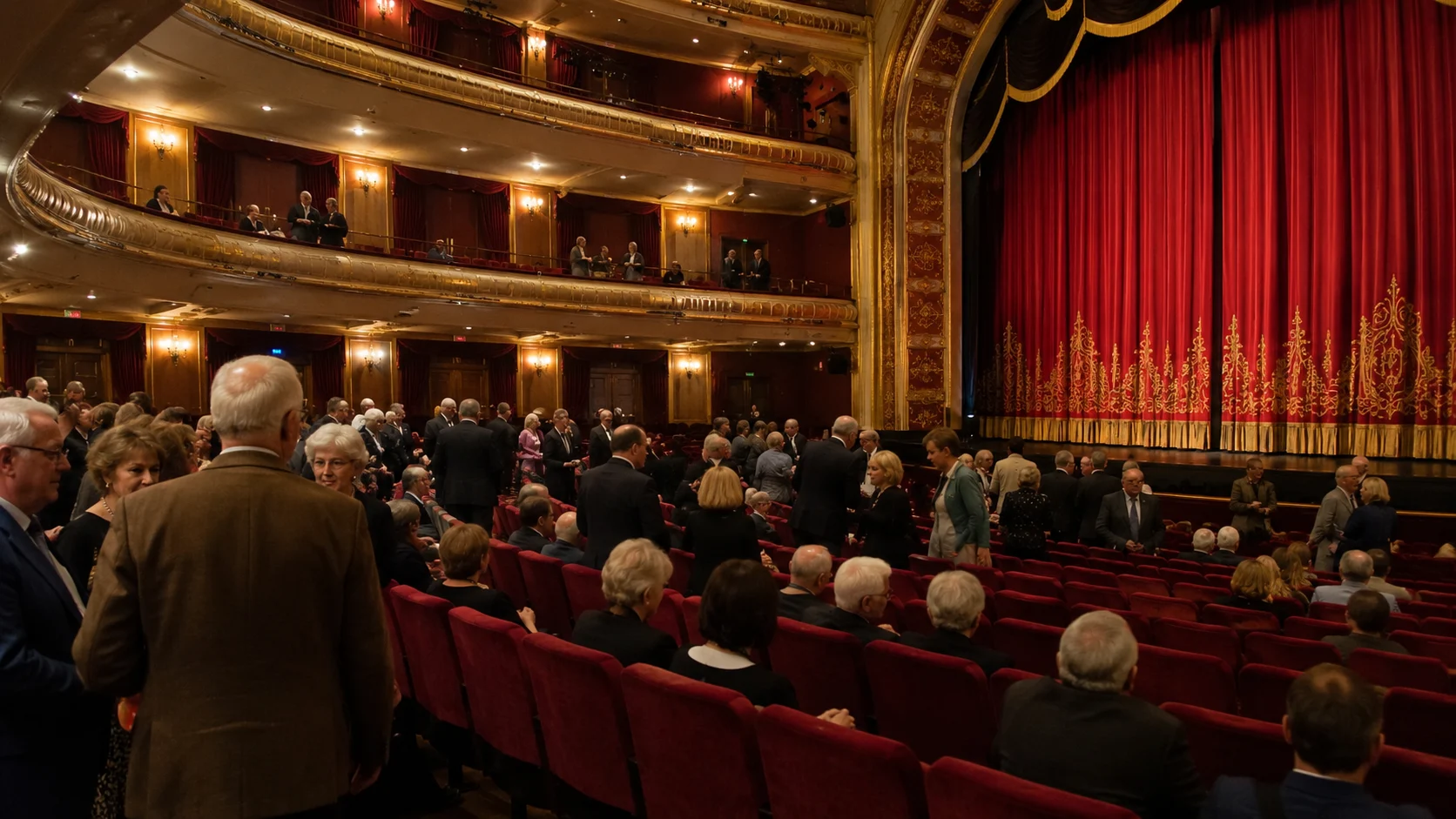 Audience seated in an ornate cruise ship theater with red curtains