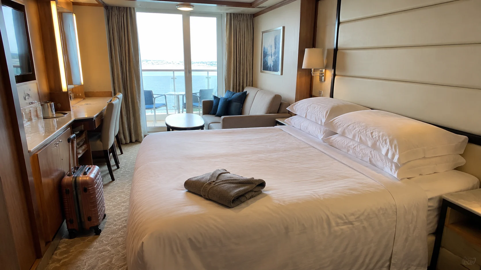 Balcony cruise cabin with a double bed, desk and ocean view