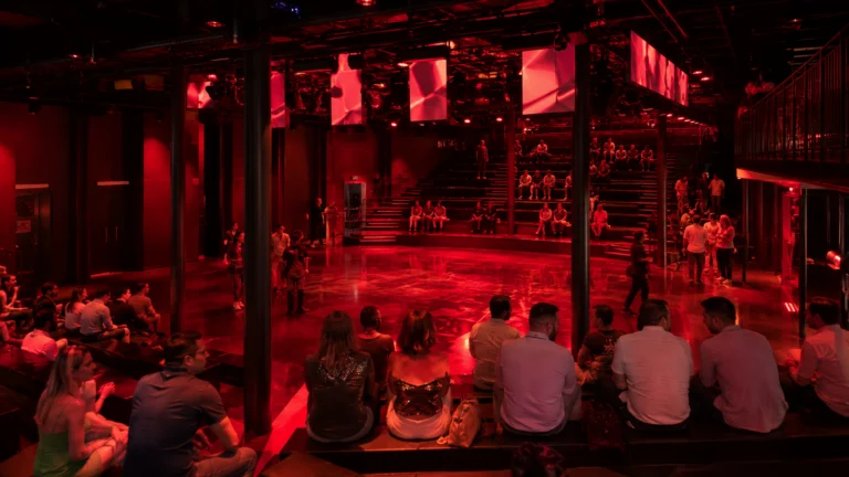 Audience watching a live performance in a red-lit nightclub
