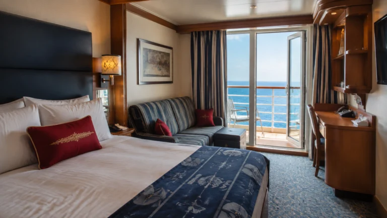 Balcony cruise cabin with a double bed, sofa and red accent pillow