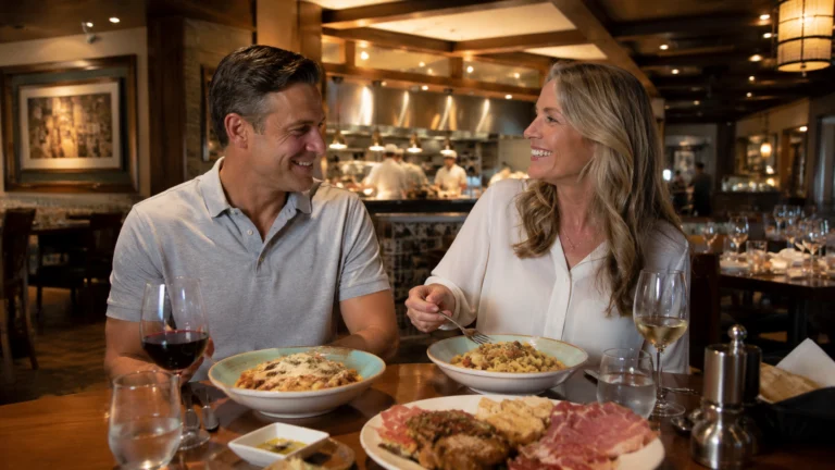 Couple sharing pasta and wine in a casual restaurant