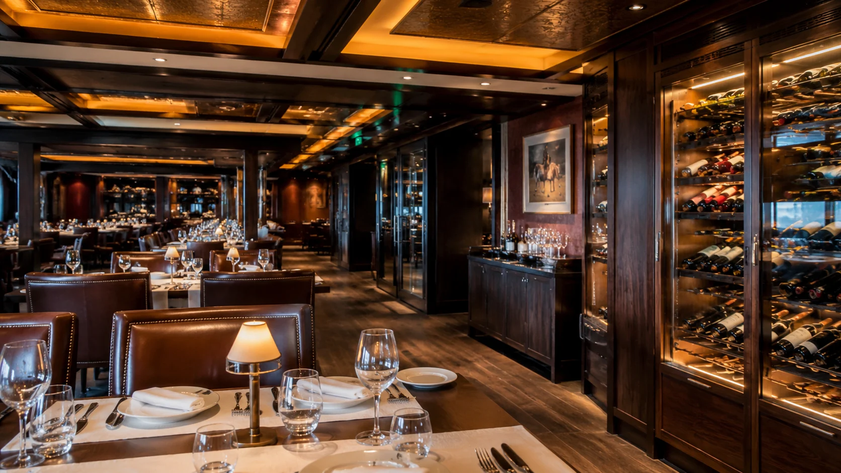 Elegant dark-wood steakhouse with wine displays and set tables