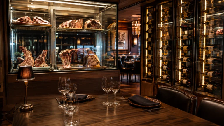 Dry-aged steaks displayed in a cruise ship steakhouse
