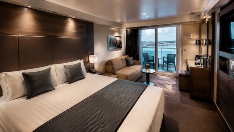 Balcony cabin with a pale gray bed runner and sitting area near the doors