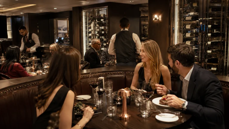 Couple dining in an elegant steakhouse as a server approaches