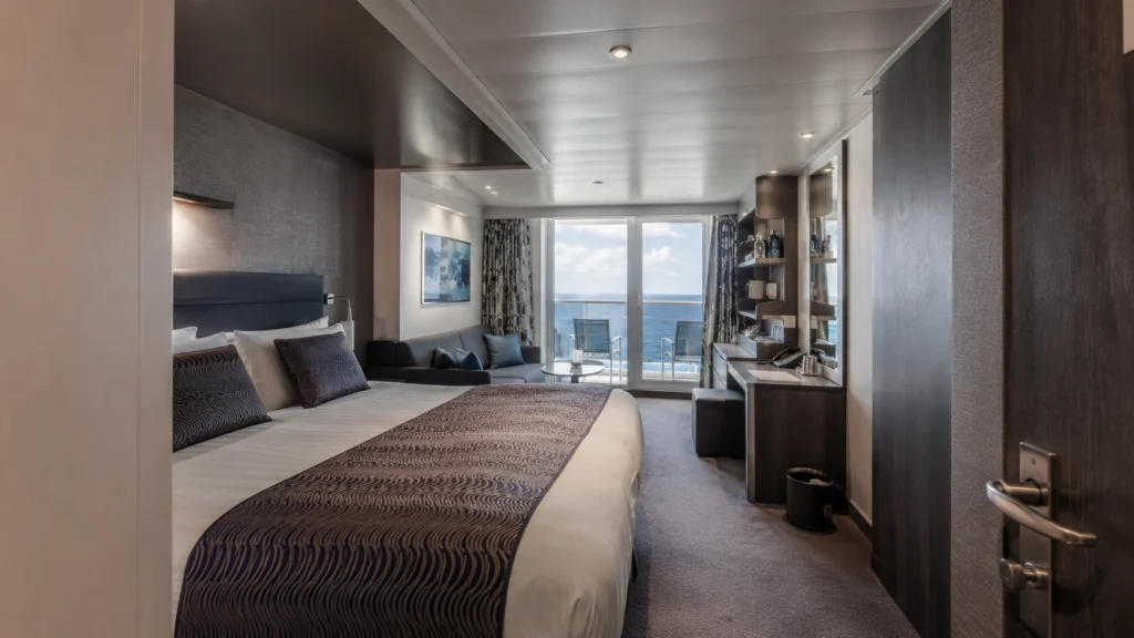 MSC World Europa balcony cabin with a sofa and ocean view