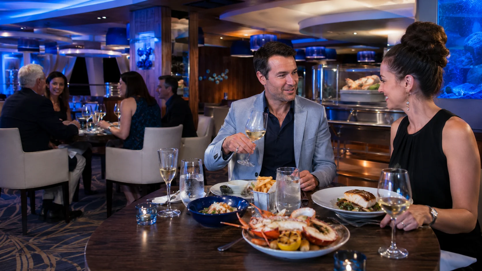 Couple sharing seafood at a cruise ship restaurant