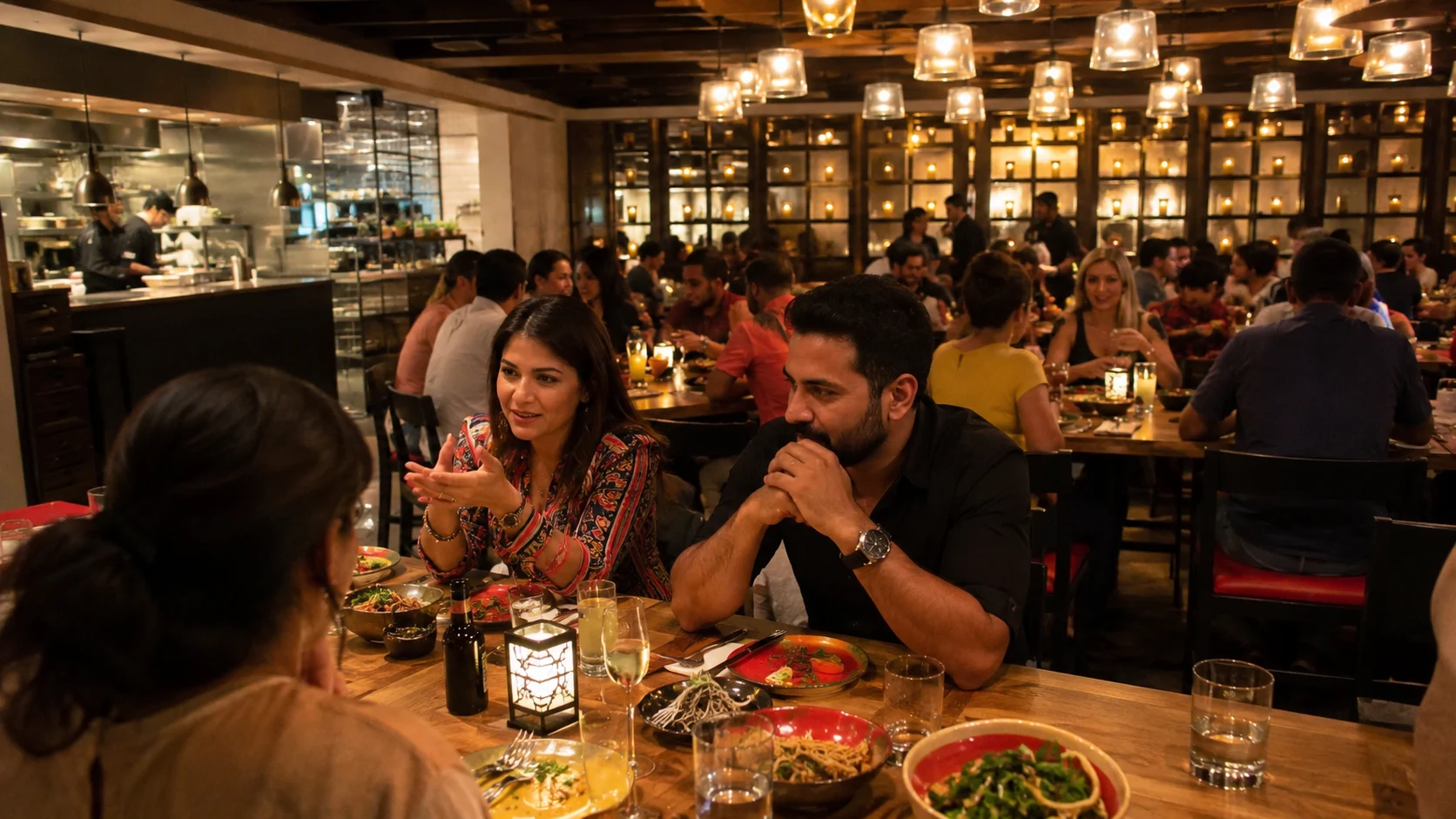 Friends sharing a meal in a lively cruise ship restaurant