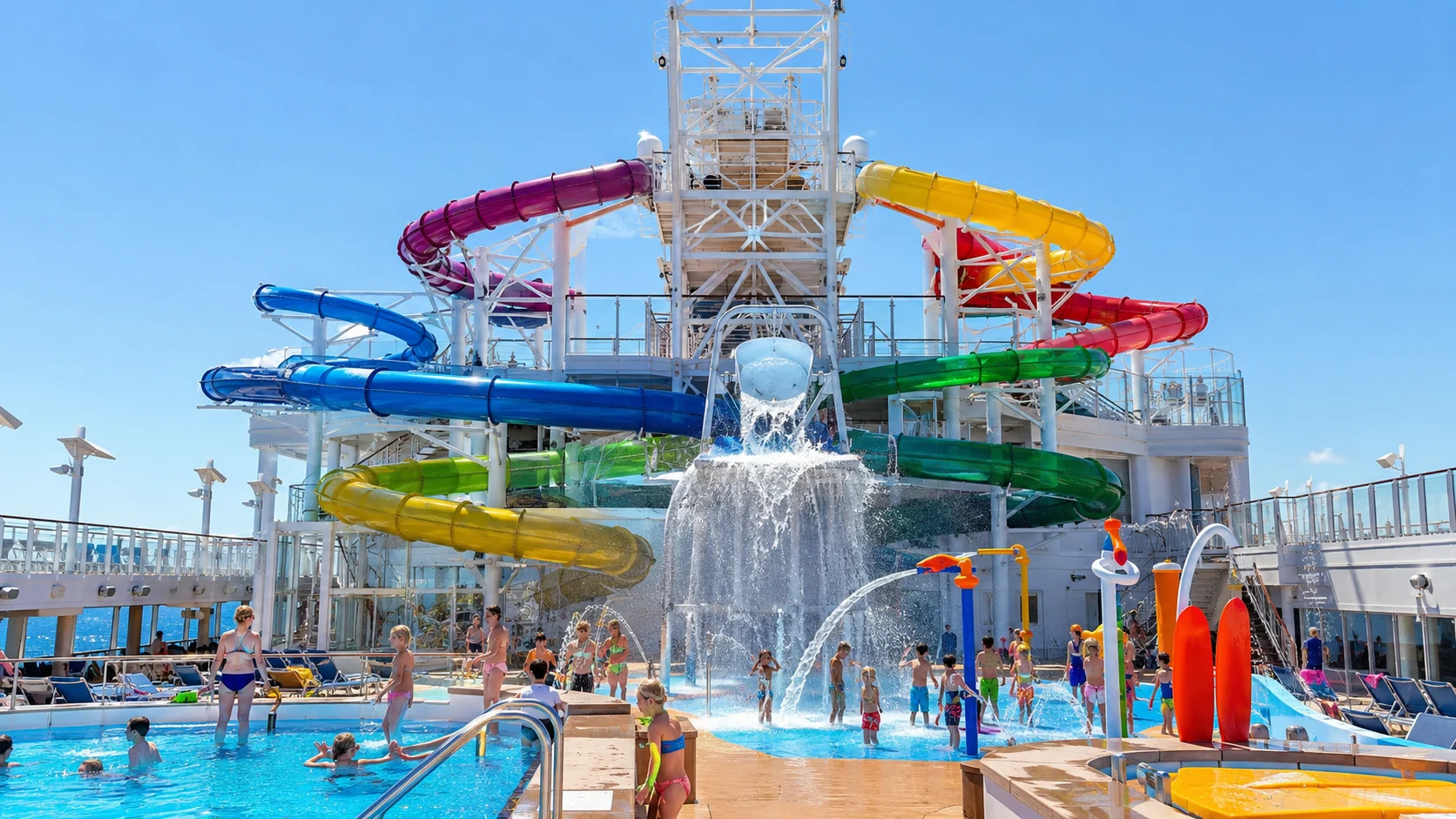 Colorful cruise ship water park with tube slides and a waterfall