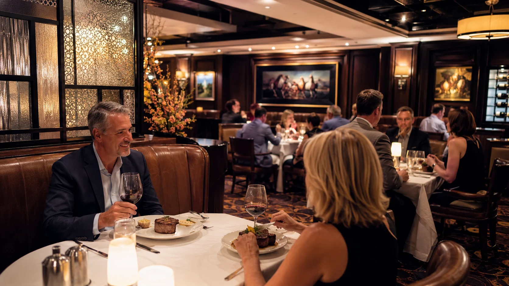 Couple dining in an elegant cruise ship steakhouse