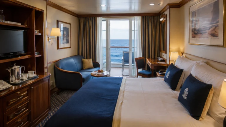 Traditional balcony cruise cabin with a double bed and blue sofa