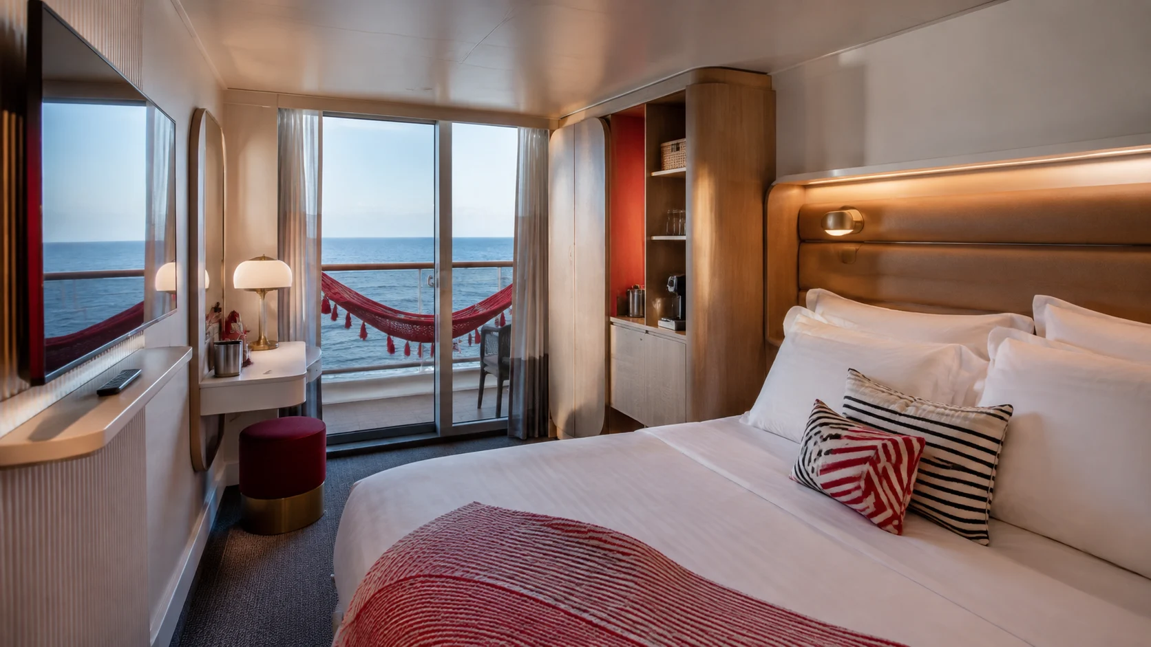 Scarlet Lady Sea Terrace cabin with a red balcony hammock
