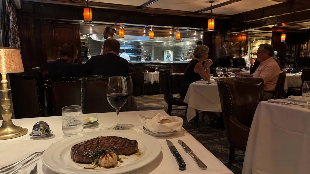 Steak dinner served in an upscale cruise ship restaurant