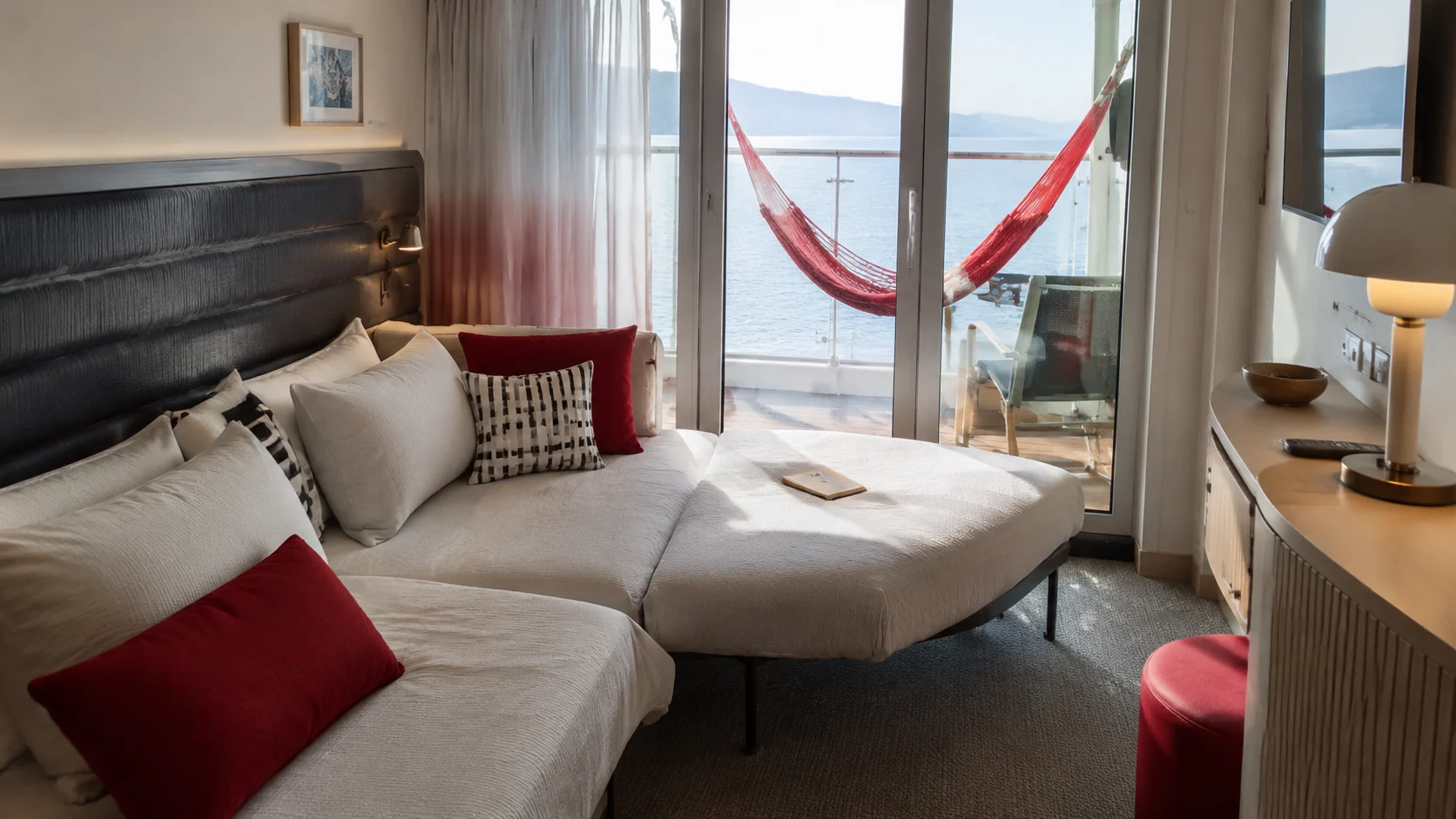 Valiant Lady Sea Terrace cabin with a red balcony hammock