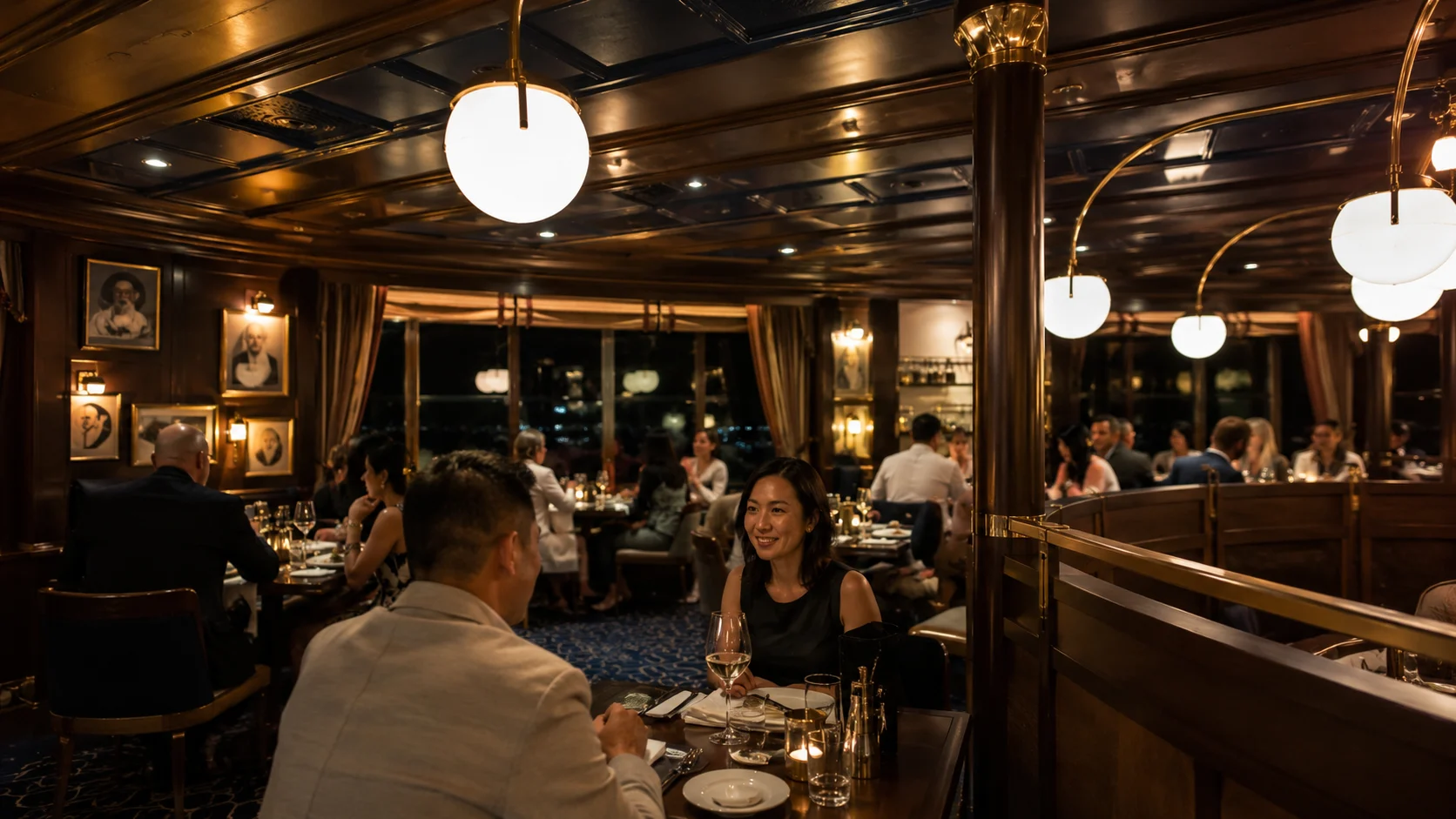 Guests dining in a dark wood-paneled cruise ship restaurant