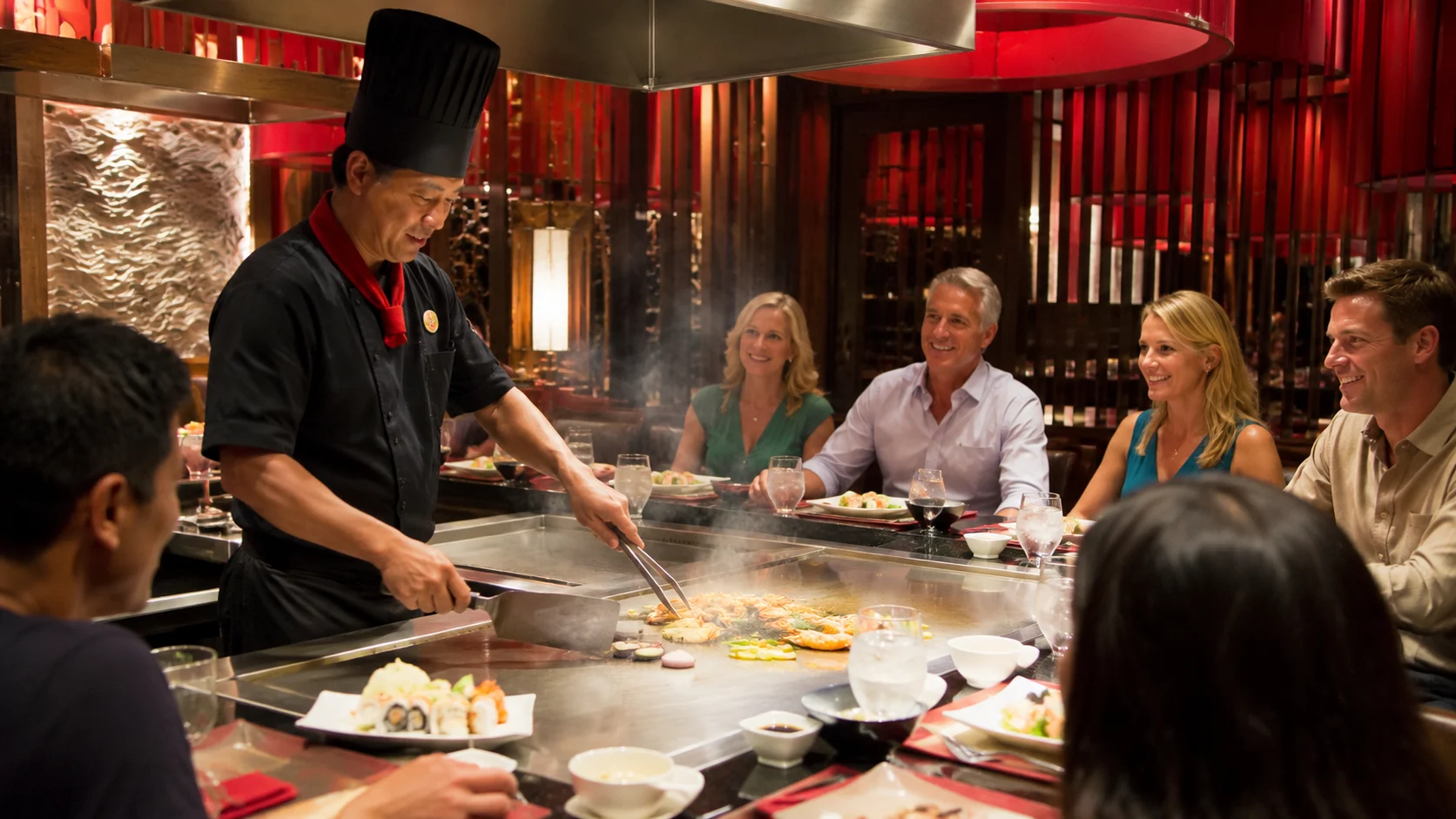 Chef in a tall black hat cooking for guests around a teppanyaki grill