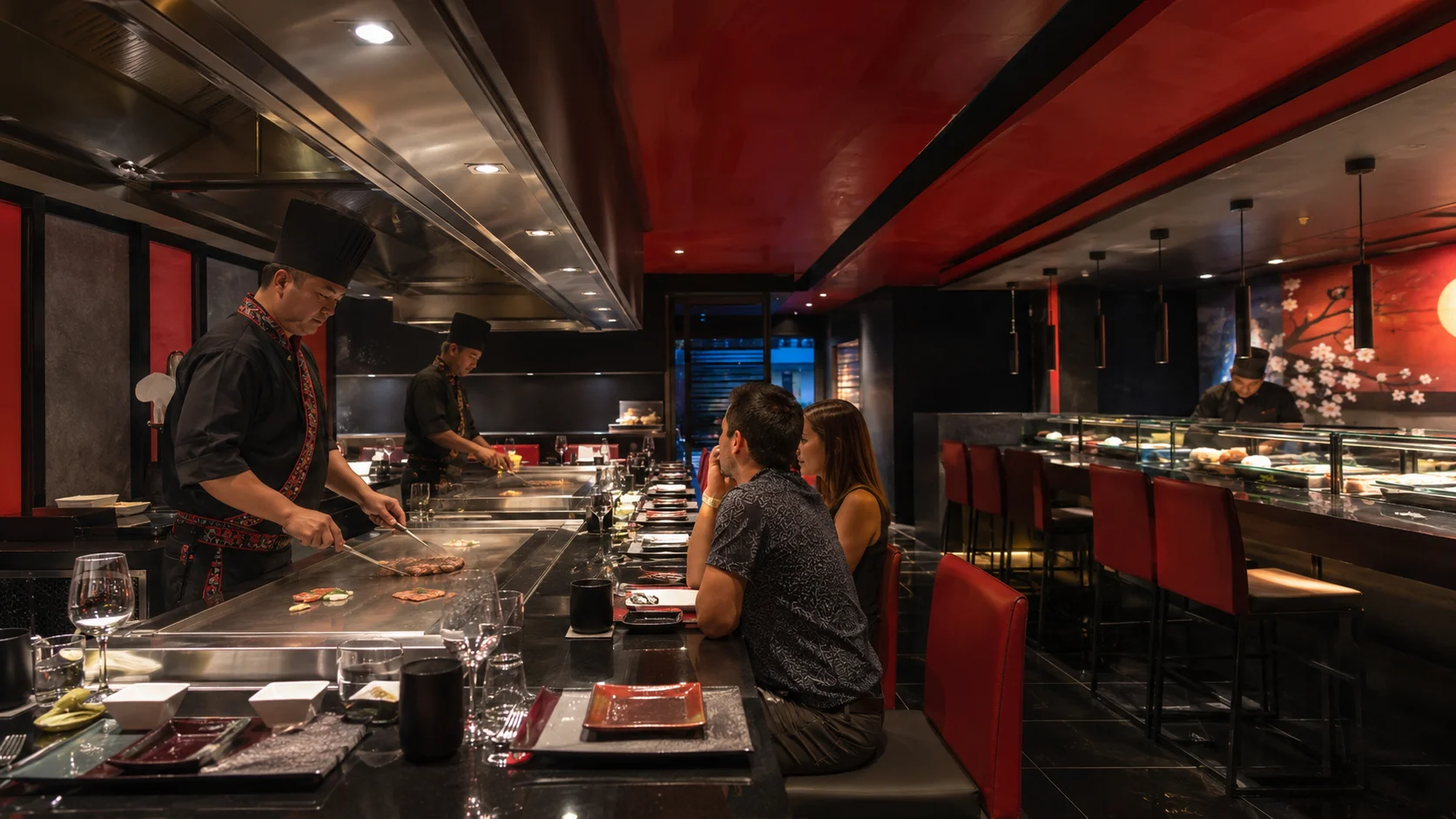 Chef cooking at a red-and-black teppanyaki counter for seated guests
