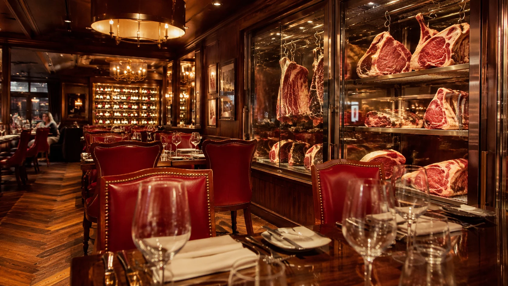 Ornate steakhouse with red leather chairs and glass meat displays