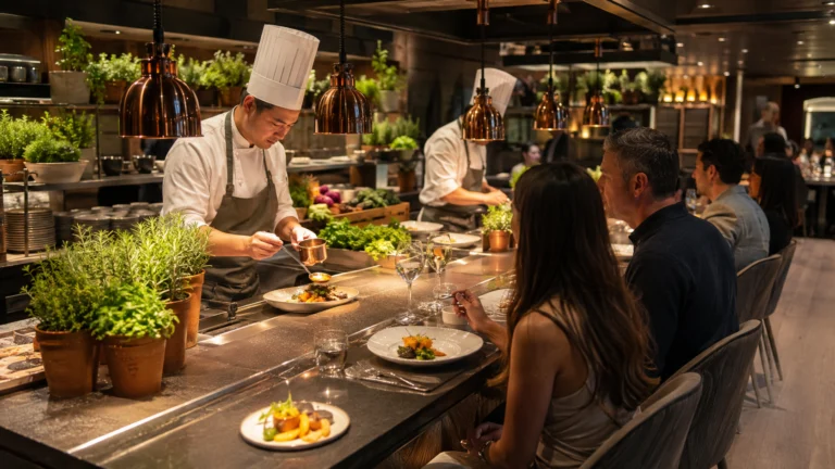 Chefs preparing dishes at Chef's Garden Kitchen on MSC World Europa