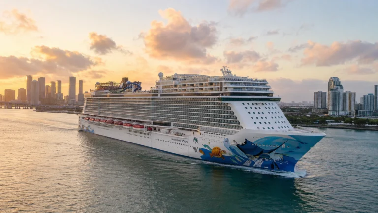Cruise ship with blue hull artwork sailing past a skyline at sunset