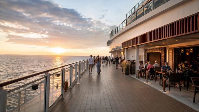 Passengers strolling along a cruise ship waterfront promenade at sunset