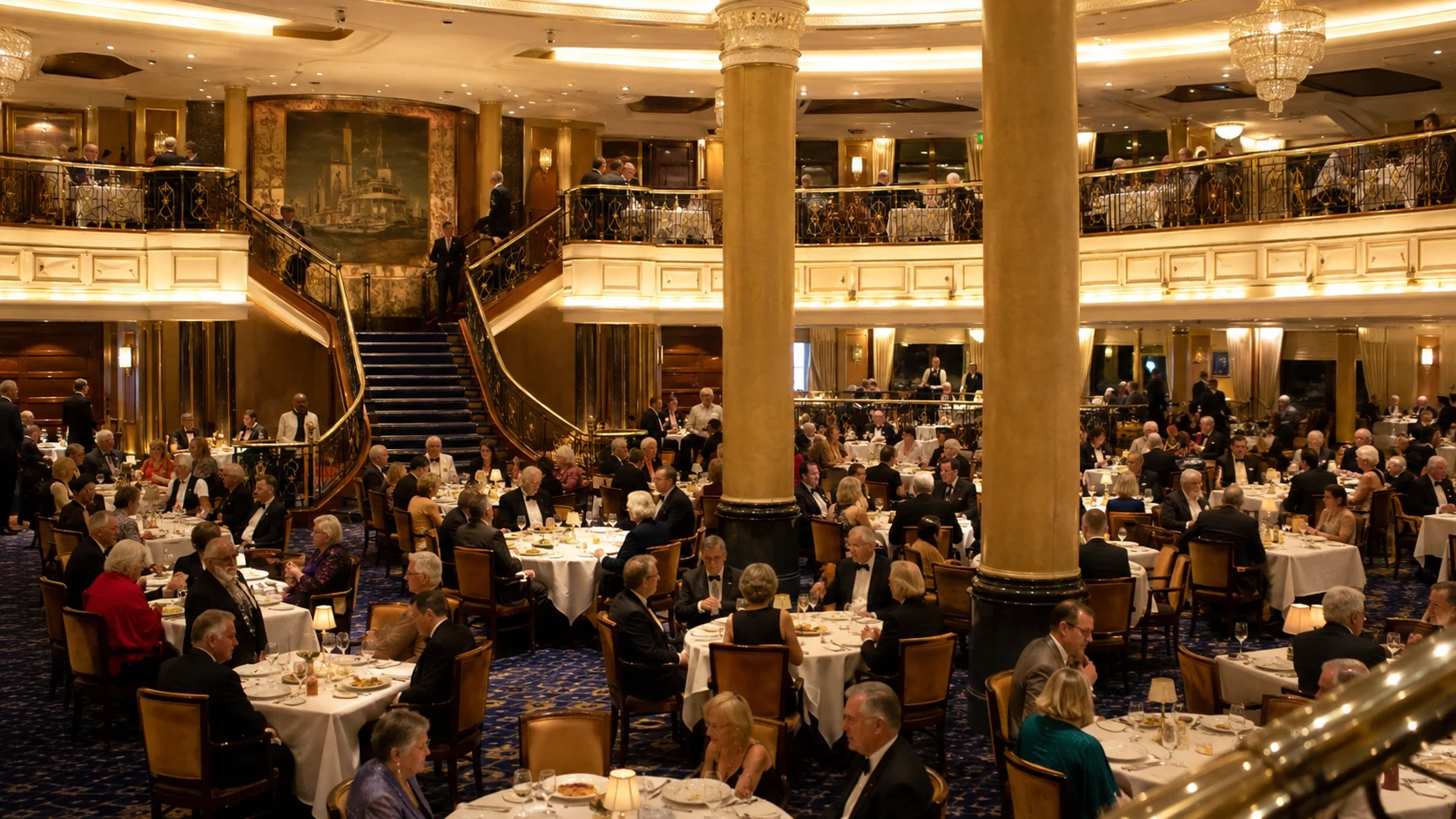 Busy formal dining room with chandeliers and two sweeping staircases