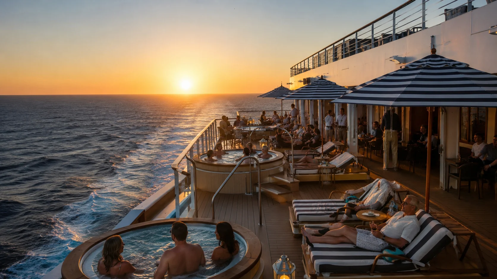 Guests relaxing on the Terrazza Moda deck at sunset