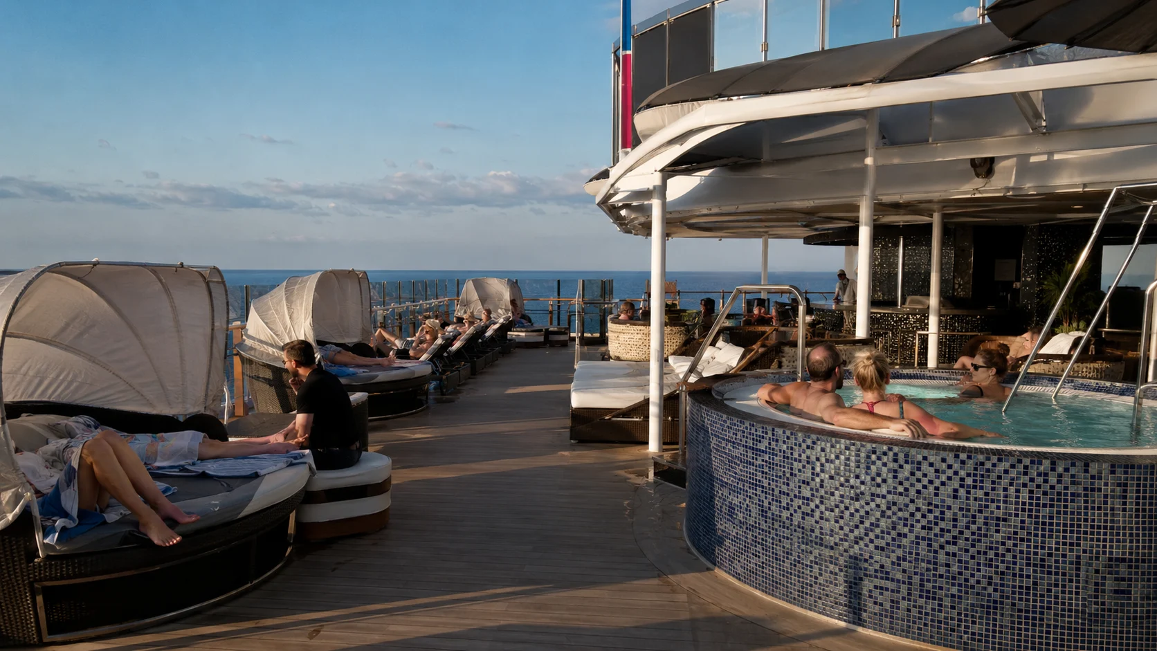 Loungers and bar on the Serenity deck aboard Carnival Panorama
