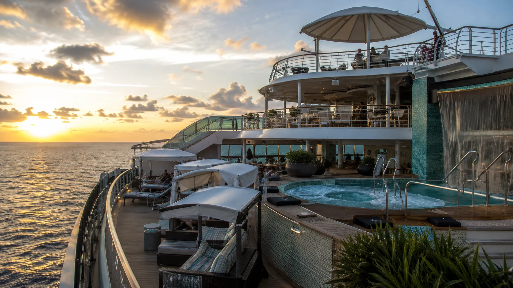 Serenity adults-only deck aboard Carnival Sunshine at sunset