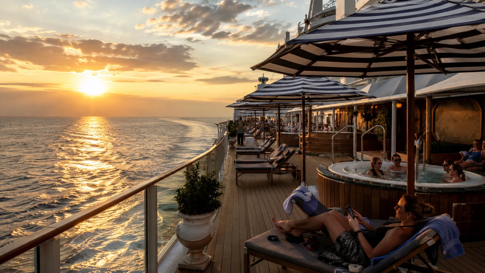 Terrazza Carnevale deck overlooking the ocean at sunset