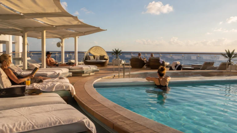 Adults relaxing beside an infinity-edge pool overlooking the ocean