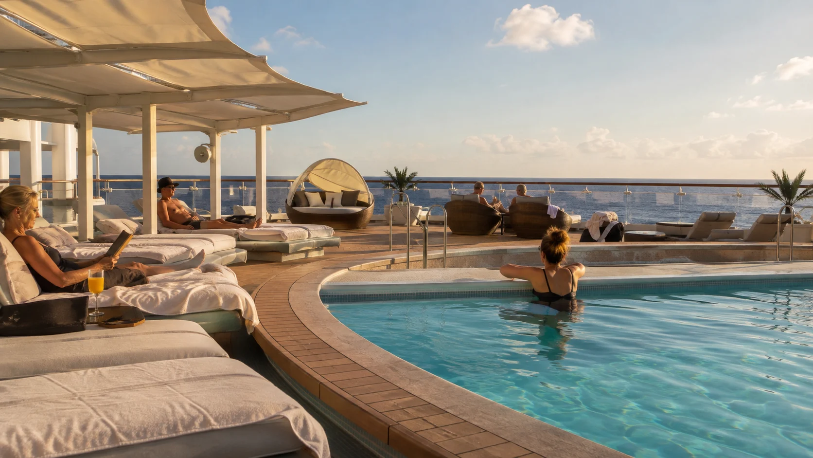 Adults relaxing beside Quiet Cove Pool aboard Disney Dream