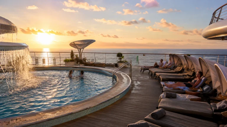 Adults-only pool deck with loungers at sunset