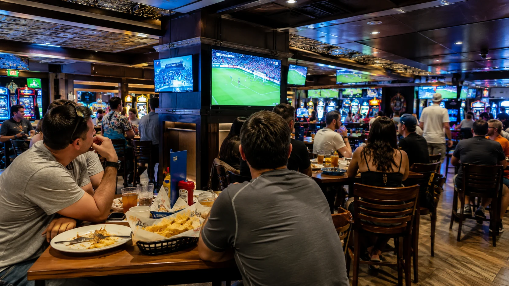 Crowded cruise ship sports bar with games playing on televisions