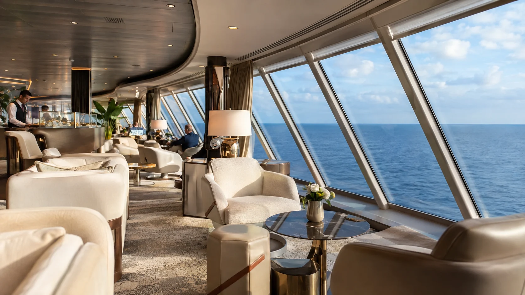 Bright panoramic lounge with curved windows overlooking the ocean