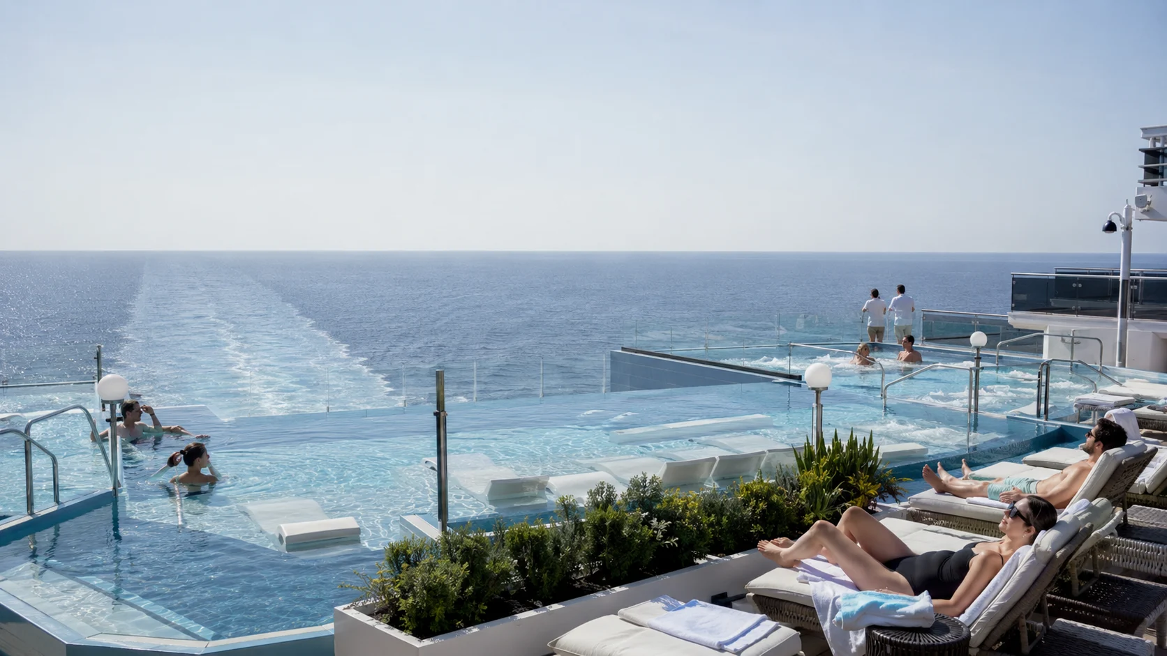 Stern infinity pool overlooking the wake on MSC World Europa