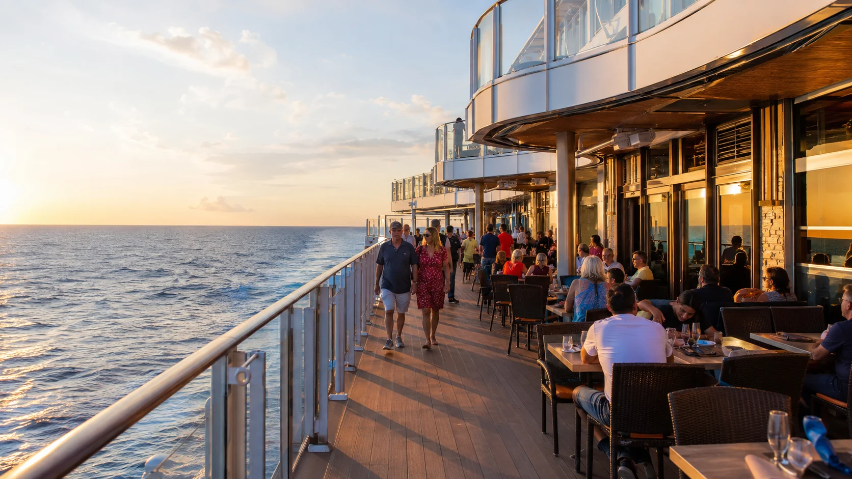 Outdoor dining and promenade seating along The Waterfront on Norwegian Breakaway