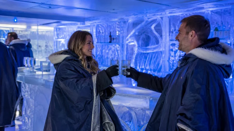 Guests wearing parkas inside a blue ice bar