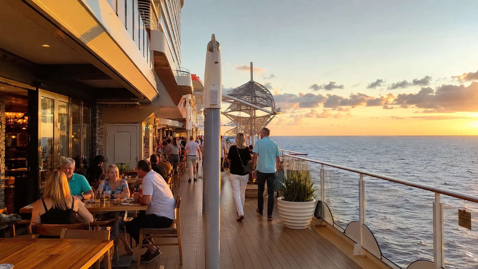 Outdoor dining along The Waterfront aboard Norwegian Getaway