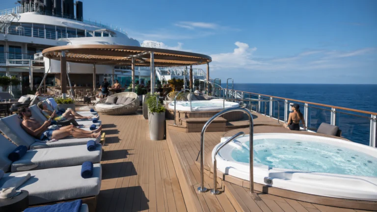 Hot tubs and loungers at Vibe Beach Club on Norwegian Viva