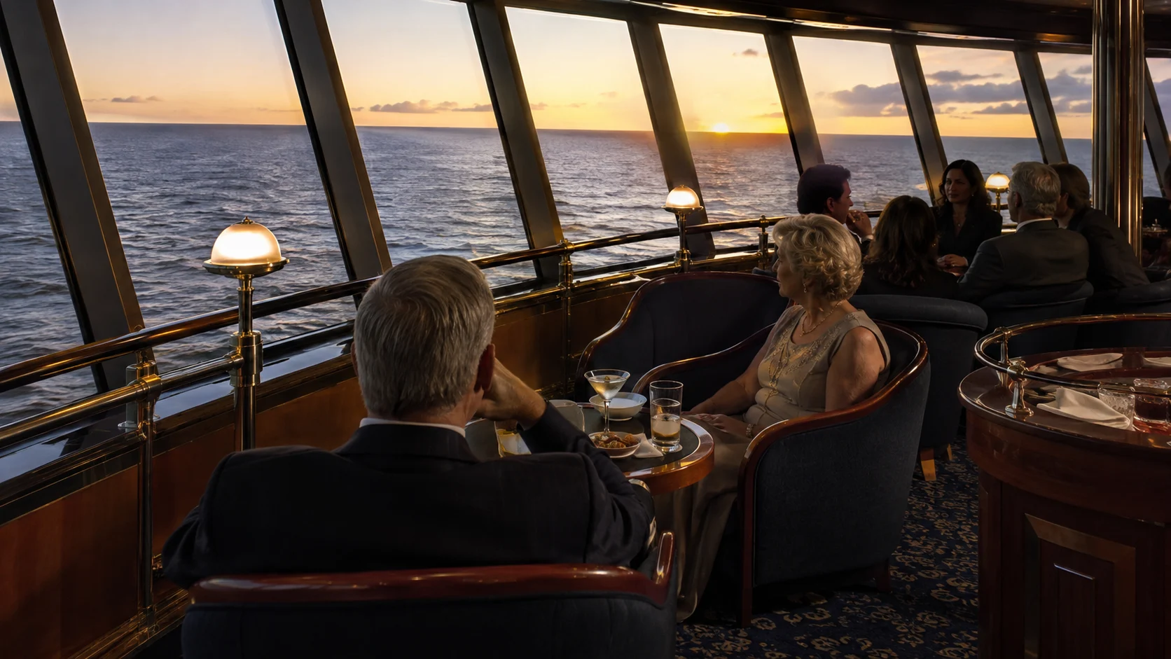 Passengers seated in an ocean-view lounge at sunset