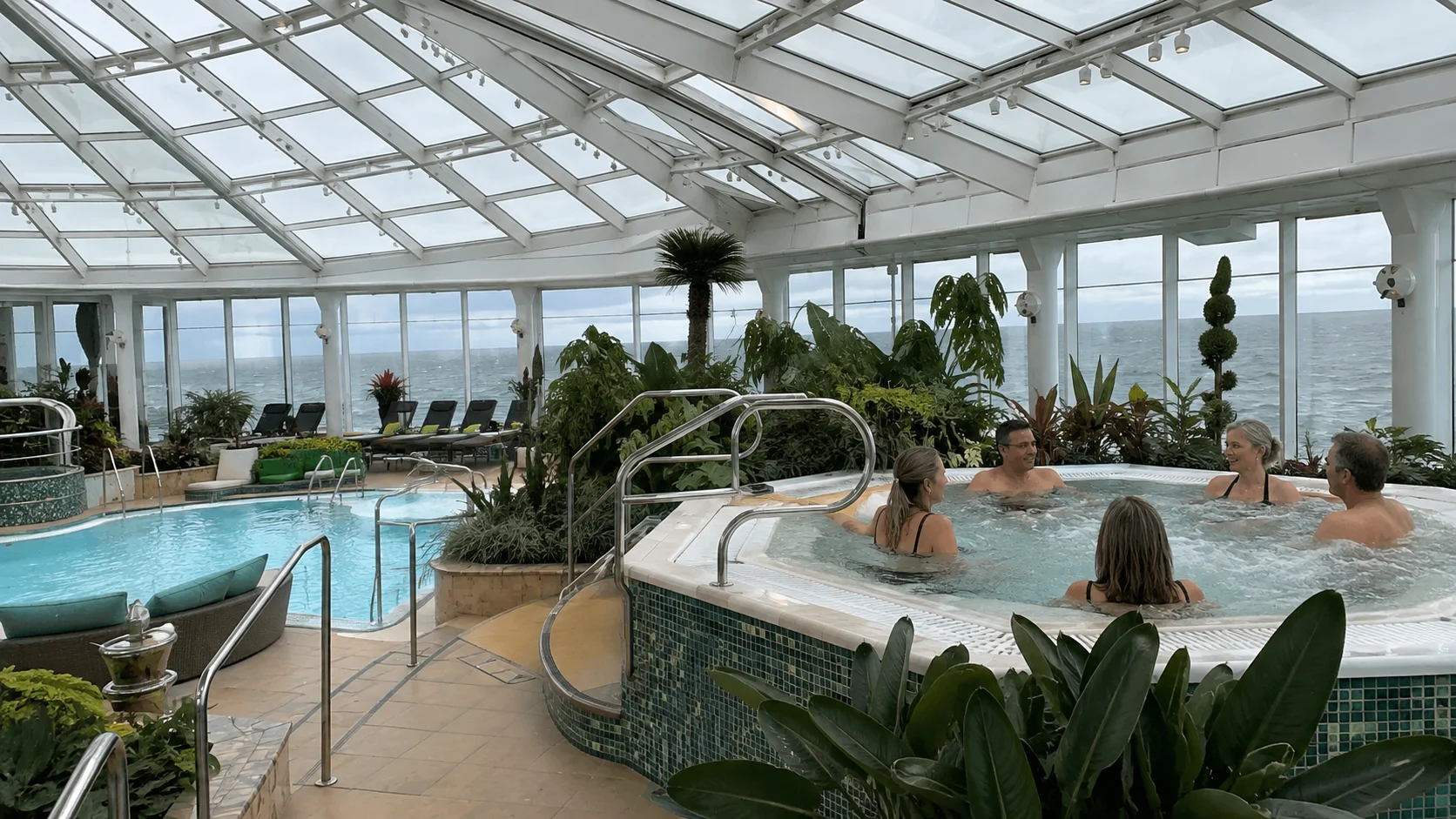 Guests relaxing in the Brilliance of the Seas Solarium hot tub