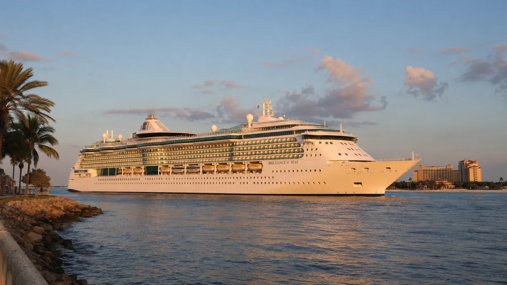 Brilliance of the Seas departing Tampa Bay at sunset