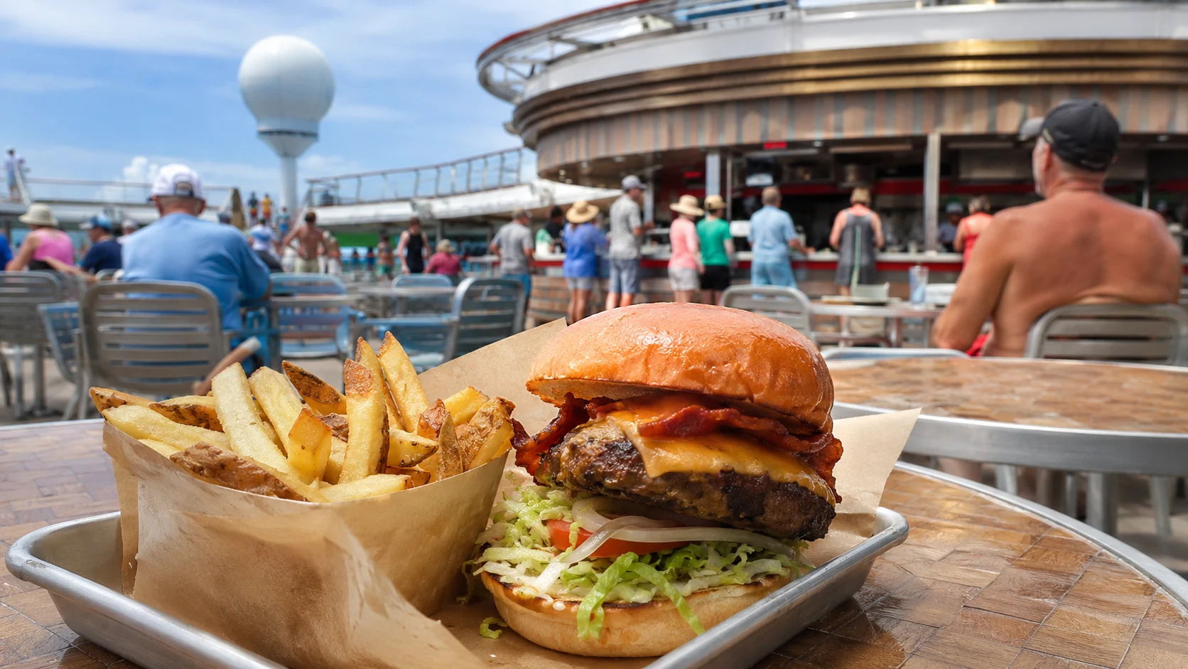 Burger and fries served on Carnival Freedom's pool deck
