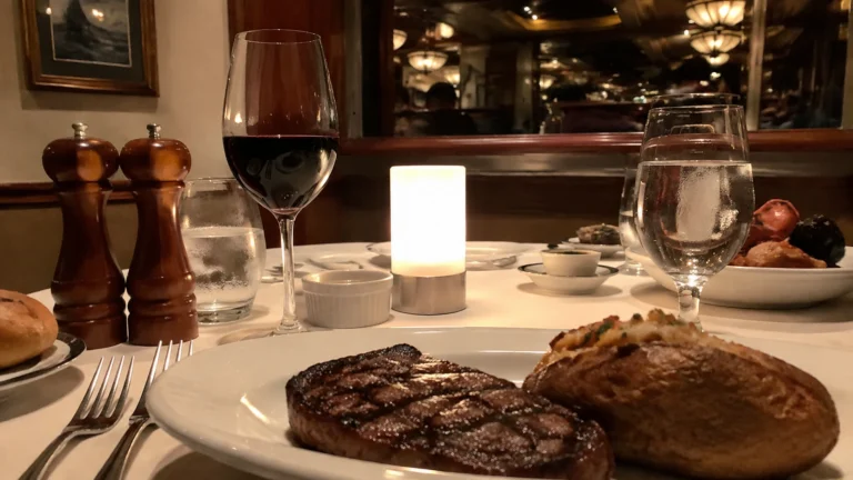Steak, baked potato, and red wine on a restaurant table