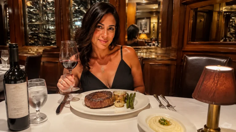 Woman holding a glass of red wine beside a steak dinner