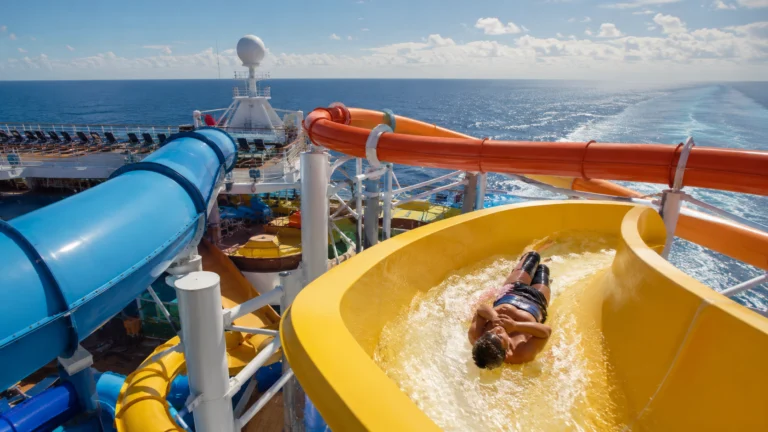 Passenger riding a yellow waterslide on a cruise ship