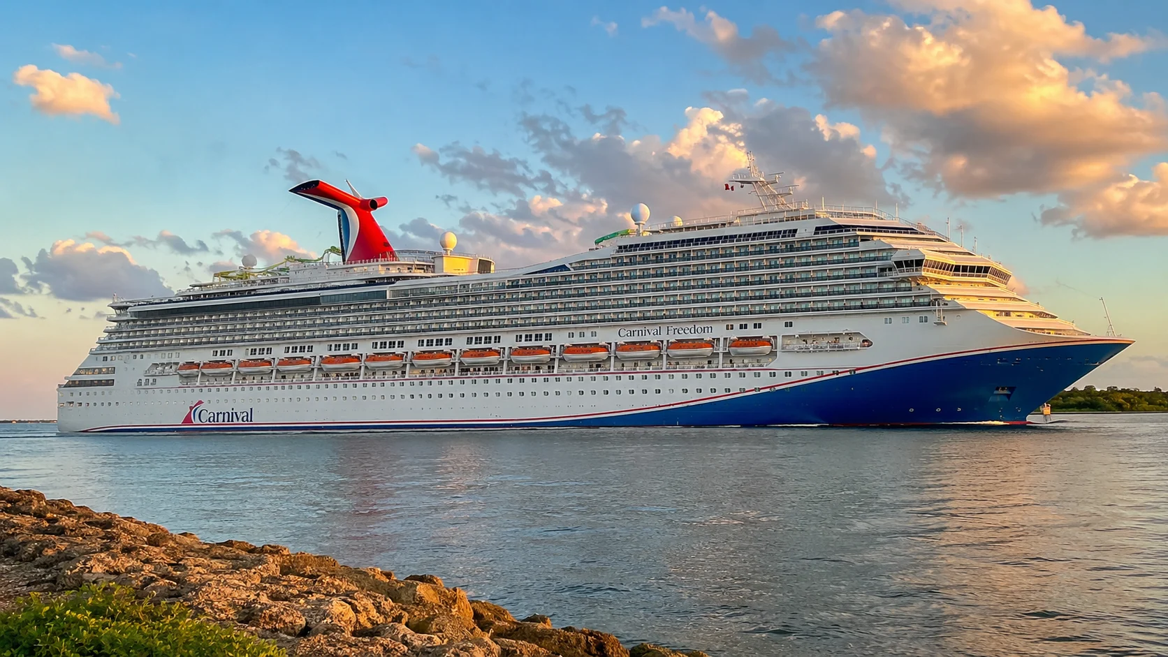 Carnival Freedom sailing at golden hour