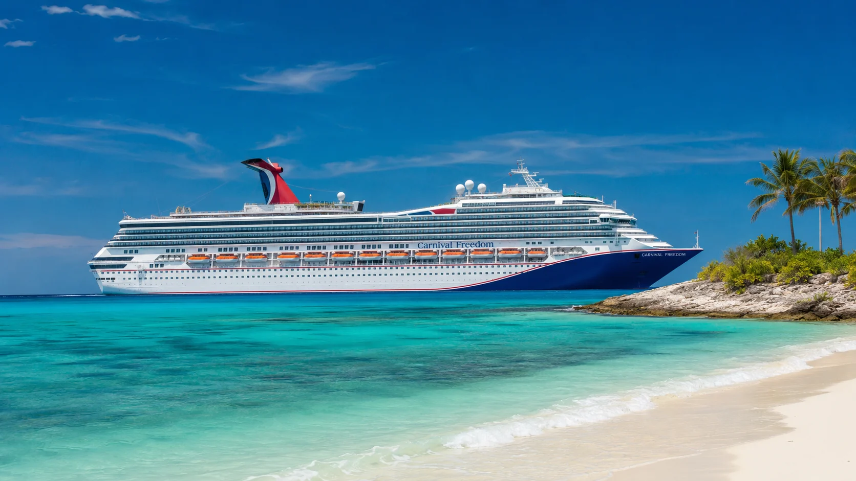 Carnival Freedom anchored off a tropical beach