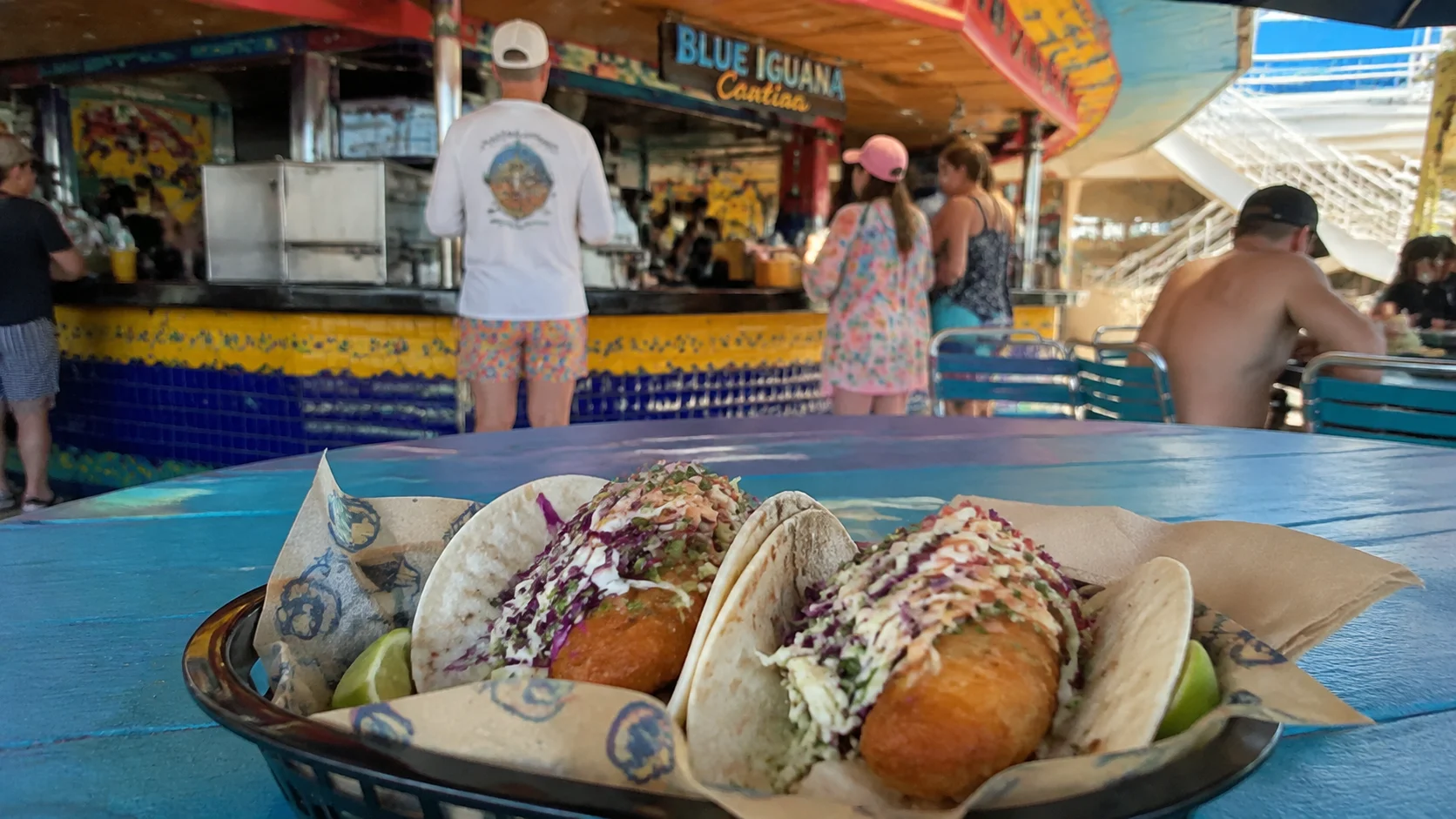 Two tacos on a tray at the BlueIguana Cantina